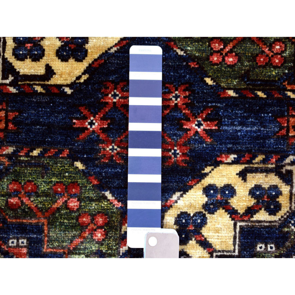 Blue Afghan Ersari with Elephant Feet Design Hand Knotted Wool Rug, 4'0" x 5'9"