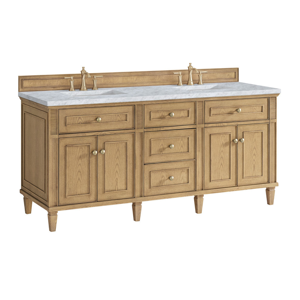 Lorelai 72" Double Vanity, Light Natural Oak, 3 CM Carrara White Marble Top