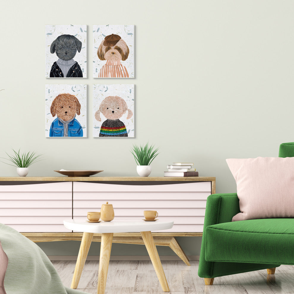 Hipster Dogs Funny Animal Paintings 4-Piece Set, 11"x14"