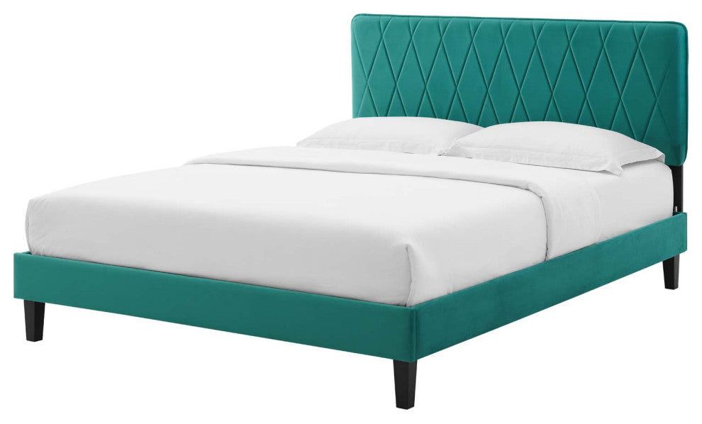 Platform Bed Frame, King Size, Velvet, Teal Blue, Modern Contemporary, Bedroom