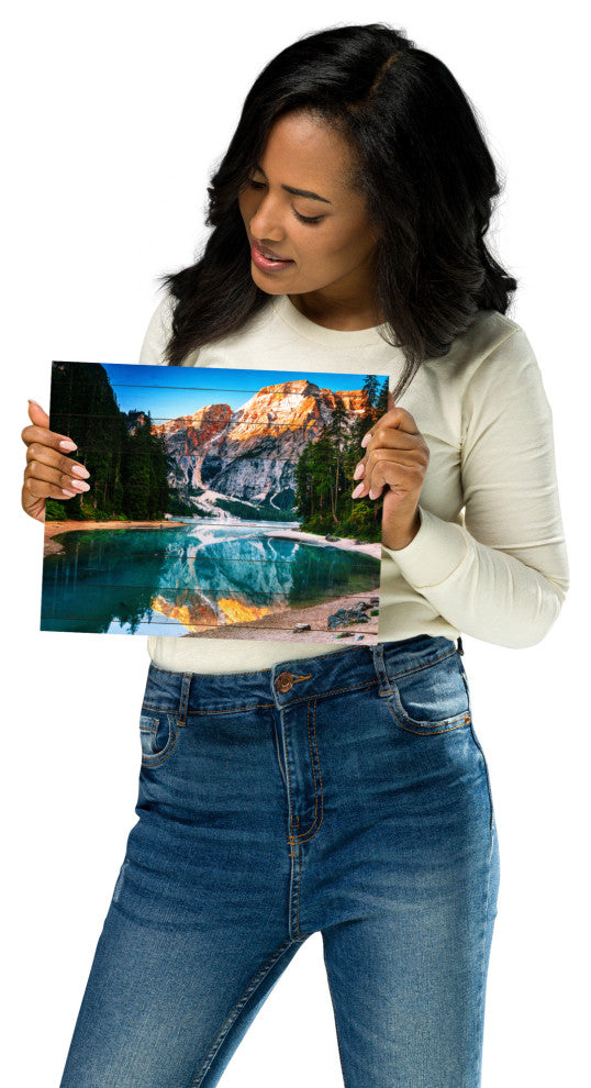 Faux Wood Misty Lake and Snow-cap Mountain Reflections Unframed Wall Art Prints, 8" X 10"