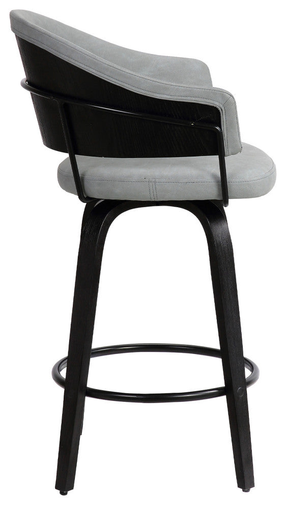 26" Dark Gray Faux Leather Black Wood Swivel Bar Stool