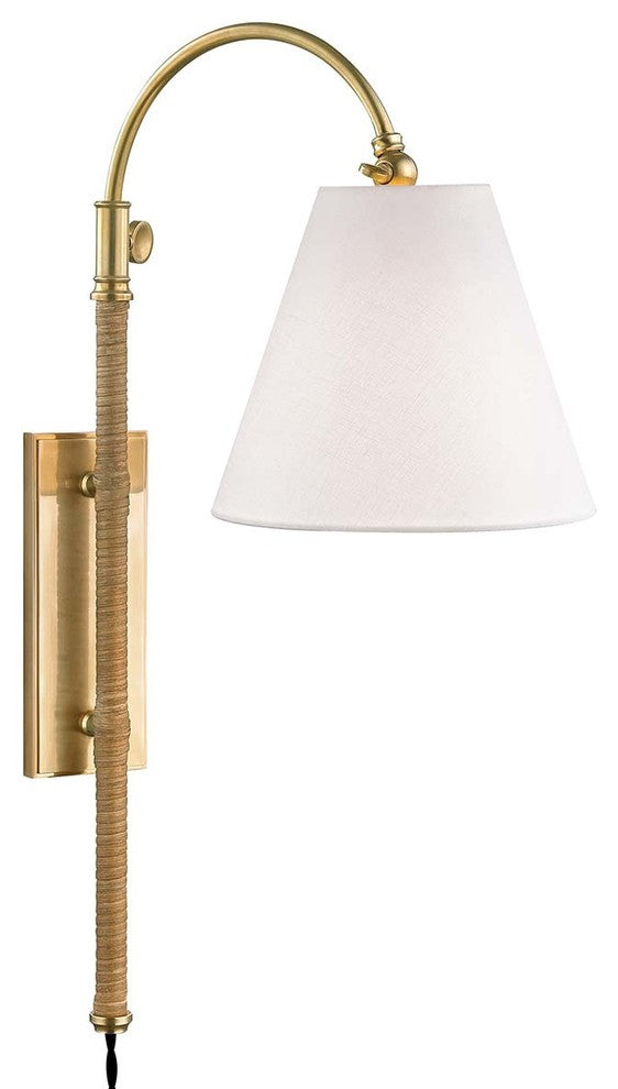 Curves No.1 Adjustable Wall Sconce, Aged Brass, Off White Linen Shade