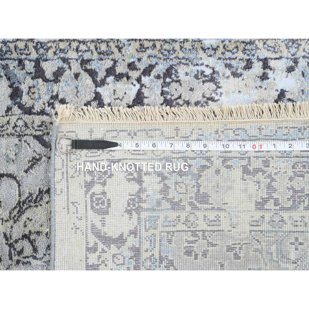 Gray, Hand Knotted Broken Kashan Design, Wool With Silk, Runner Rug, 2'6"x6'1"