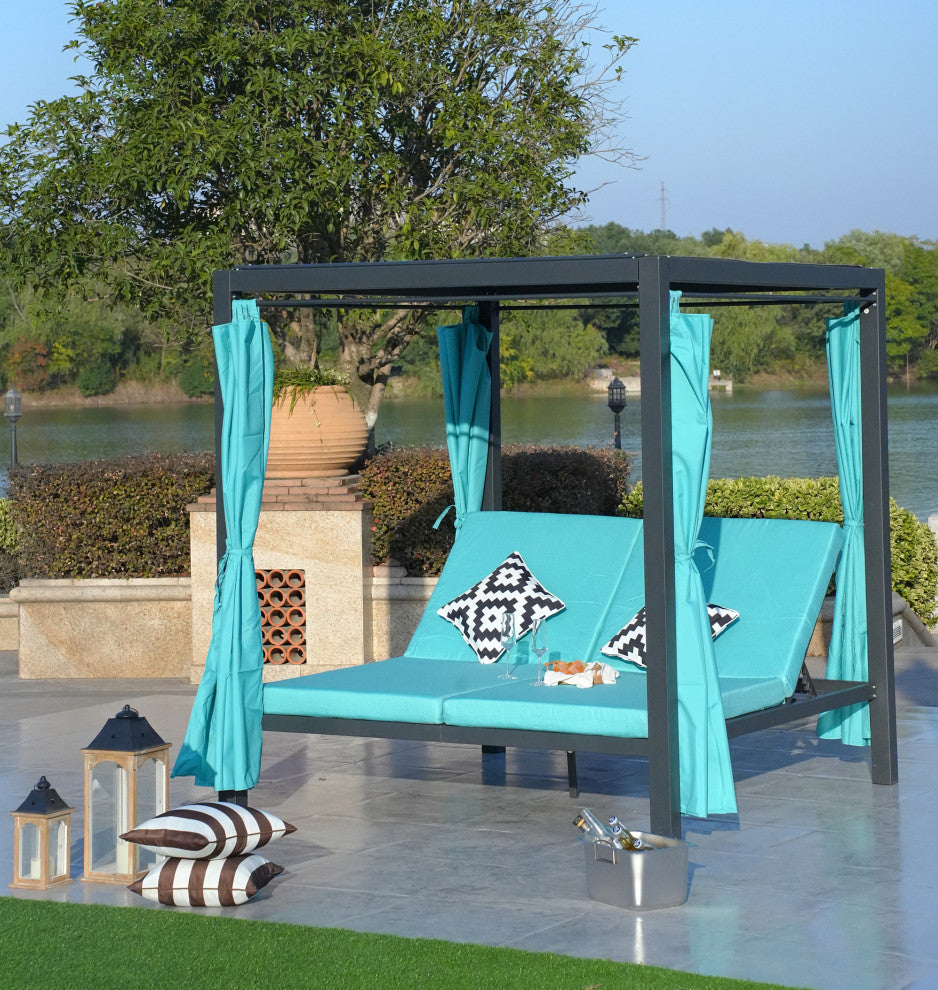 Outdoor Dual Chaise Lounger Cushioned Sunbed With Adjustable Curtains & Canopy, Cyan