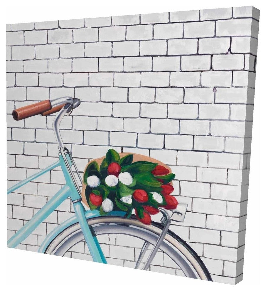 Bicycle With a Bouquet of Tulips, Fine Art Gallery Wrapped Canvas, 24"x24"