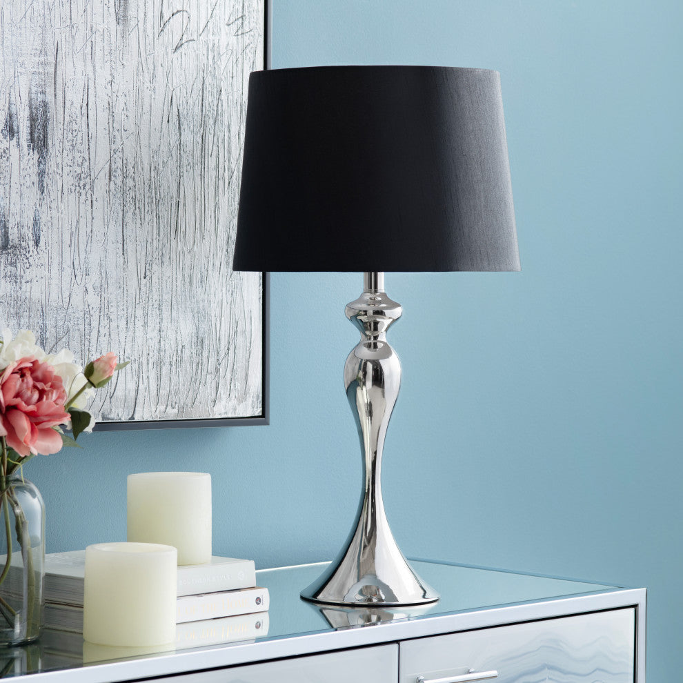 25.5"H Silver Steel Table Lamp Set with Black Silk Shade