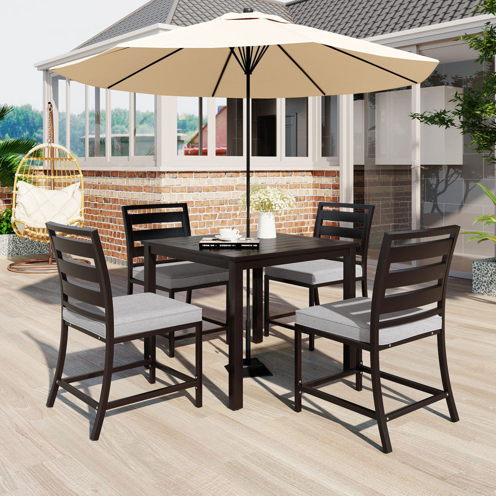 5-Piece Outdoor Steel Patio Dining Set with table and four chairs, Dark Brown