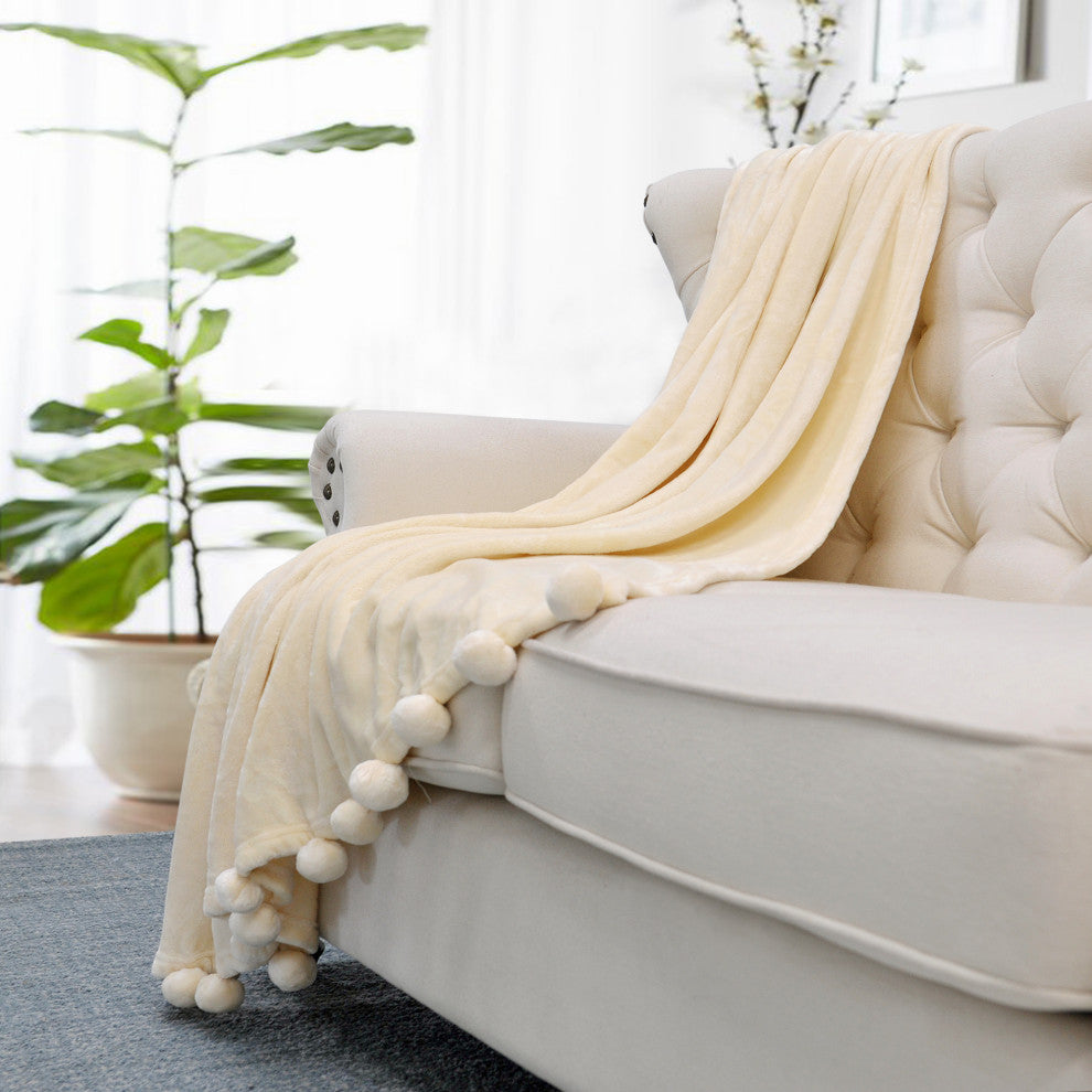 Pom Pom Flannel Fleece Throw Blanket, Antique White, 50" X 60"