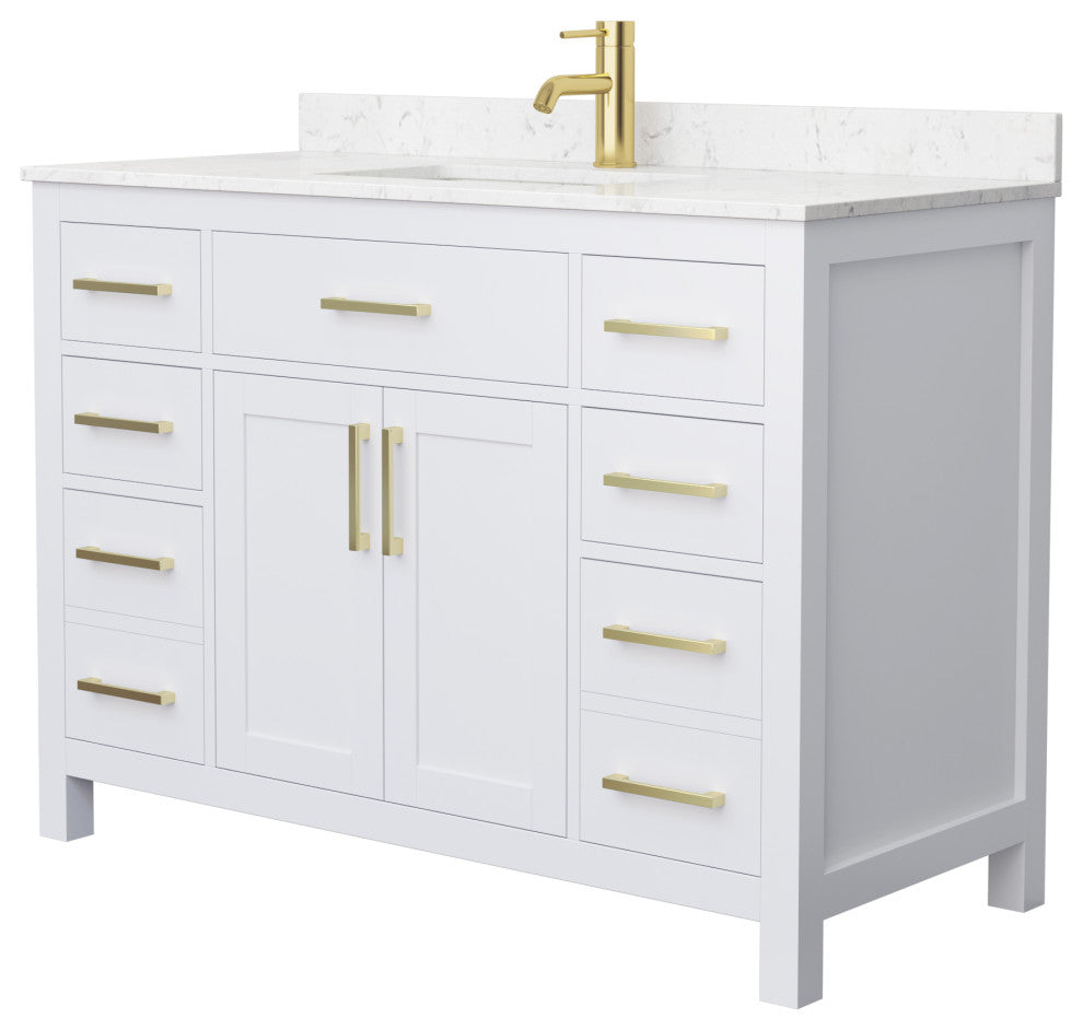 48" Single Bath Vanity White, Carrara Cult. Marble Countertop, Sink, Gold Trim