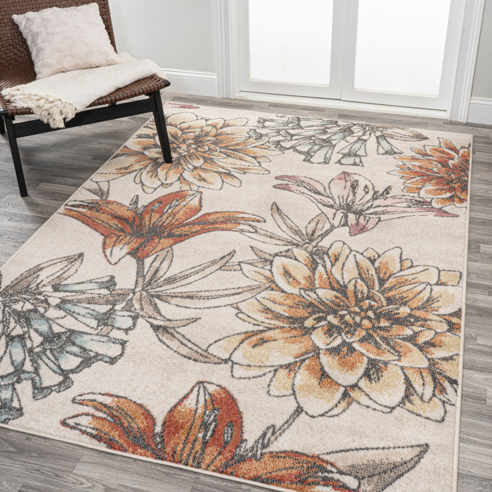 Giglio Modern Botanical Flower Area Rug, Orange/Blue/Cream, 3 X 5