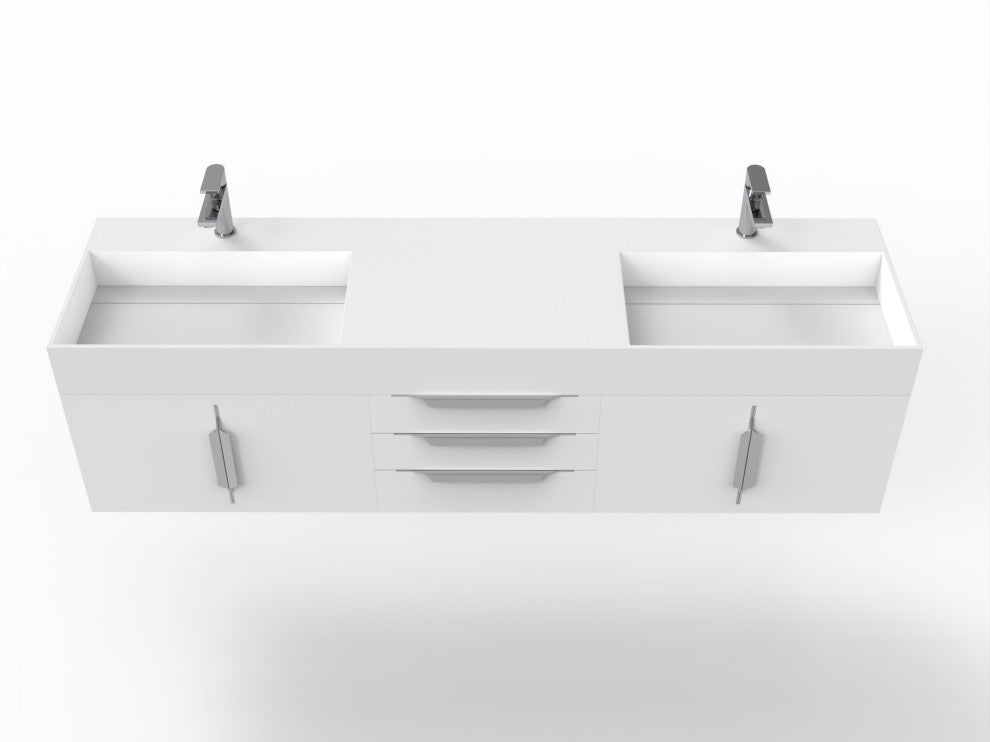 CastelloUSA Amazon 72" Wall Mounted Vanity Set, White, White Top, Chrome Handles