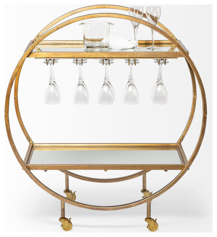 Carola Gold Frame Two-Tier Glass Shelves w/ Stemware Holder Bar Cart