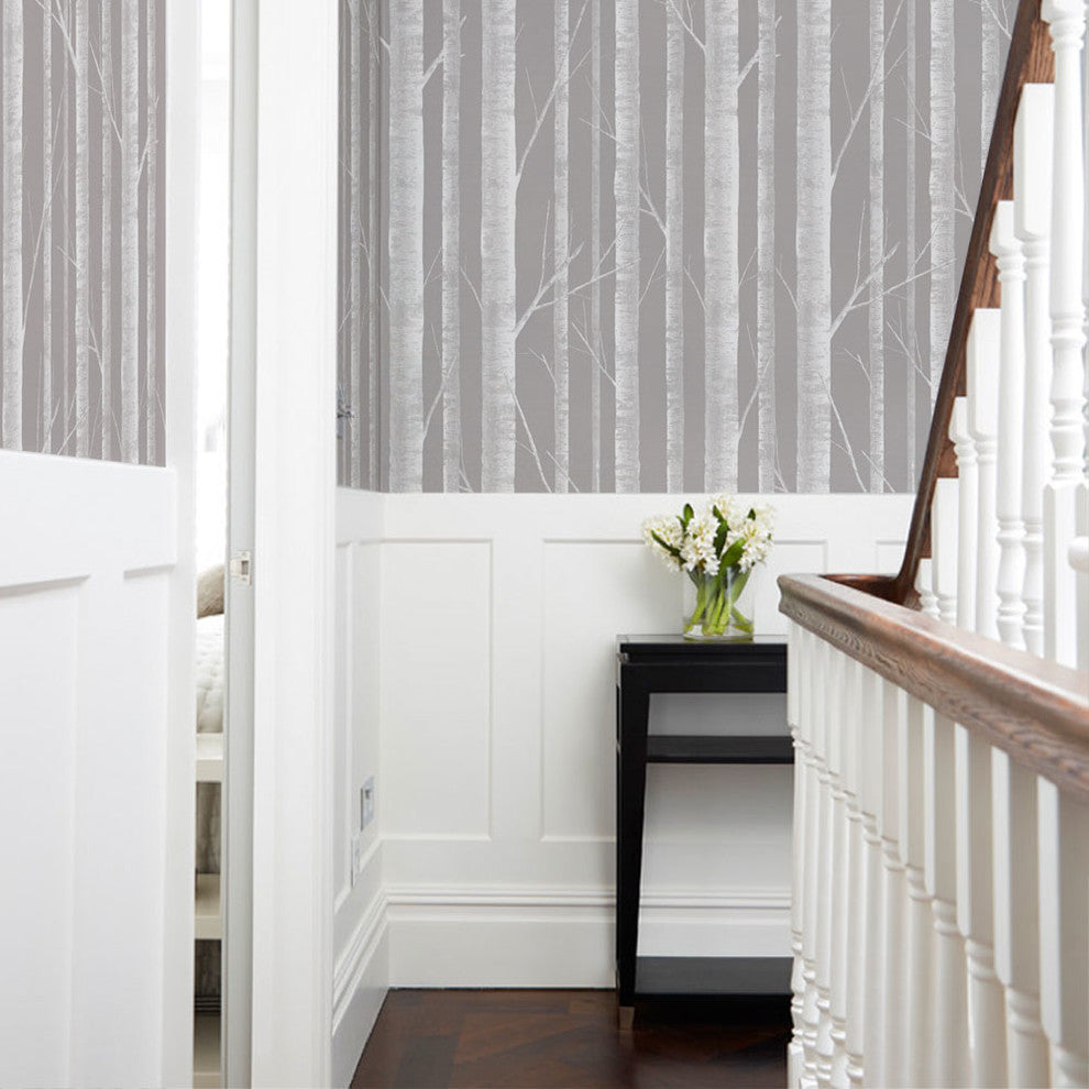 Birch Tree Peel and Stick Vinyl Wallpaper, White Gray, 24" X 60"