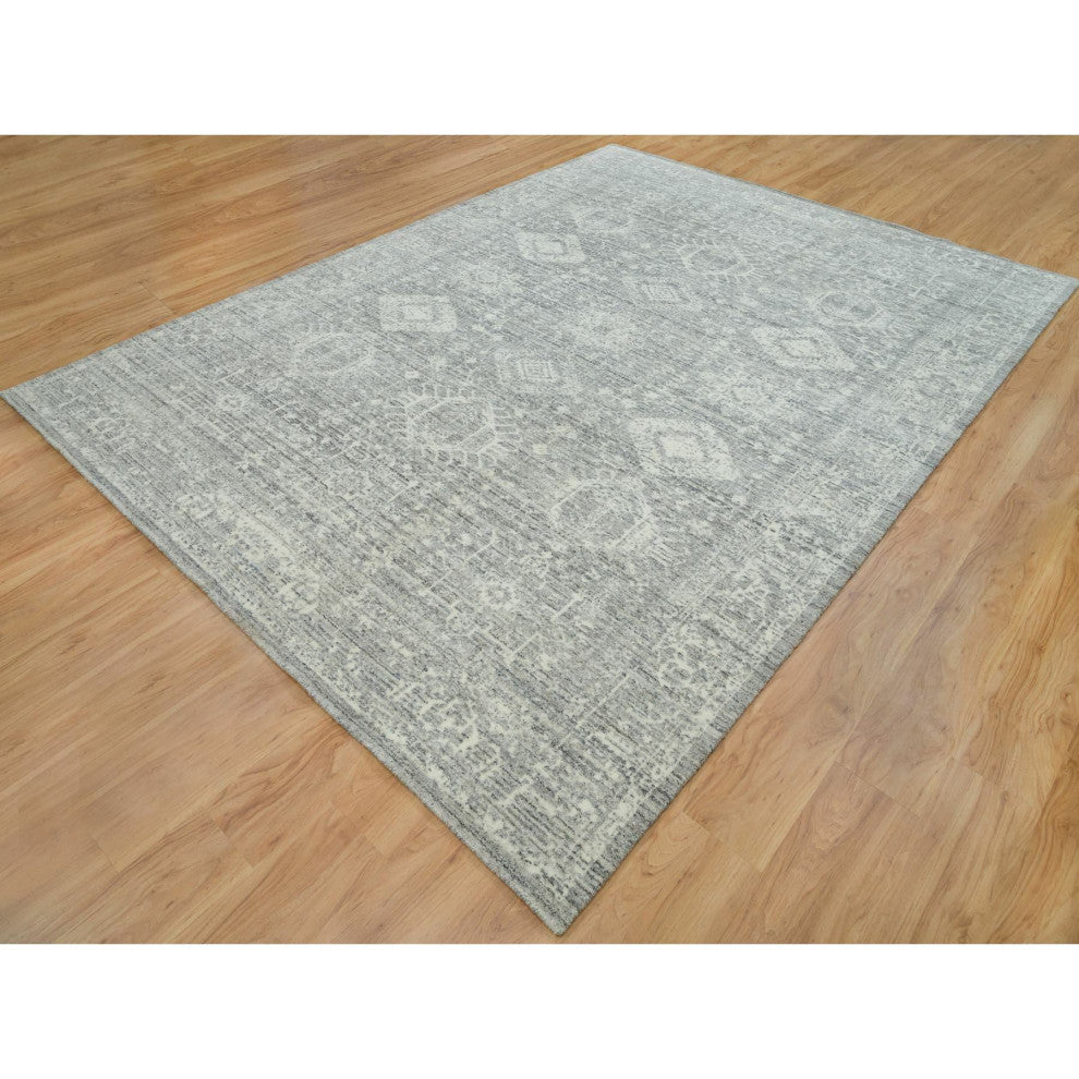 Cloudy Gray Karajeh Design 100% Wool Hand Loomed Oriental Rug, 8'11"x12'