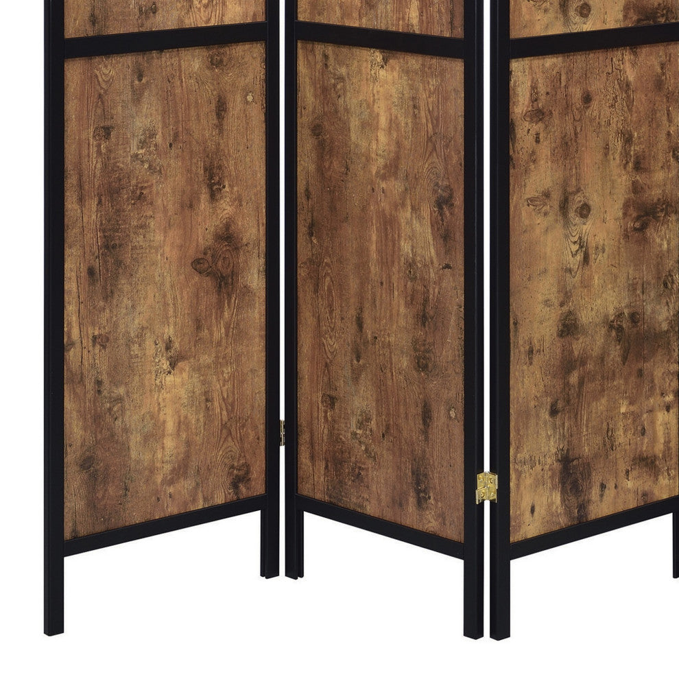 Benzara BM242727 4 Panel Screen With Grain Details and Knots, Brown and Black
