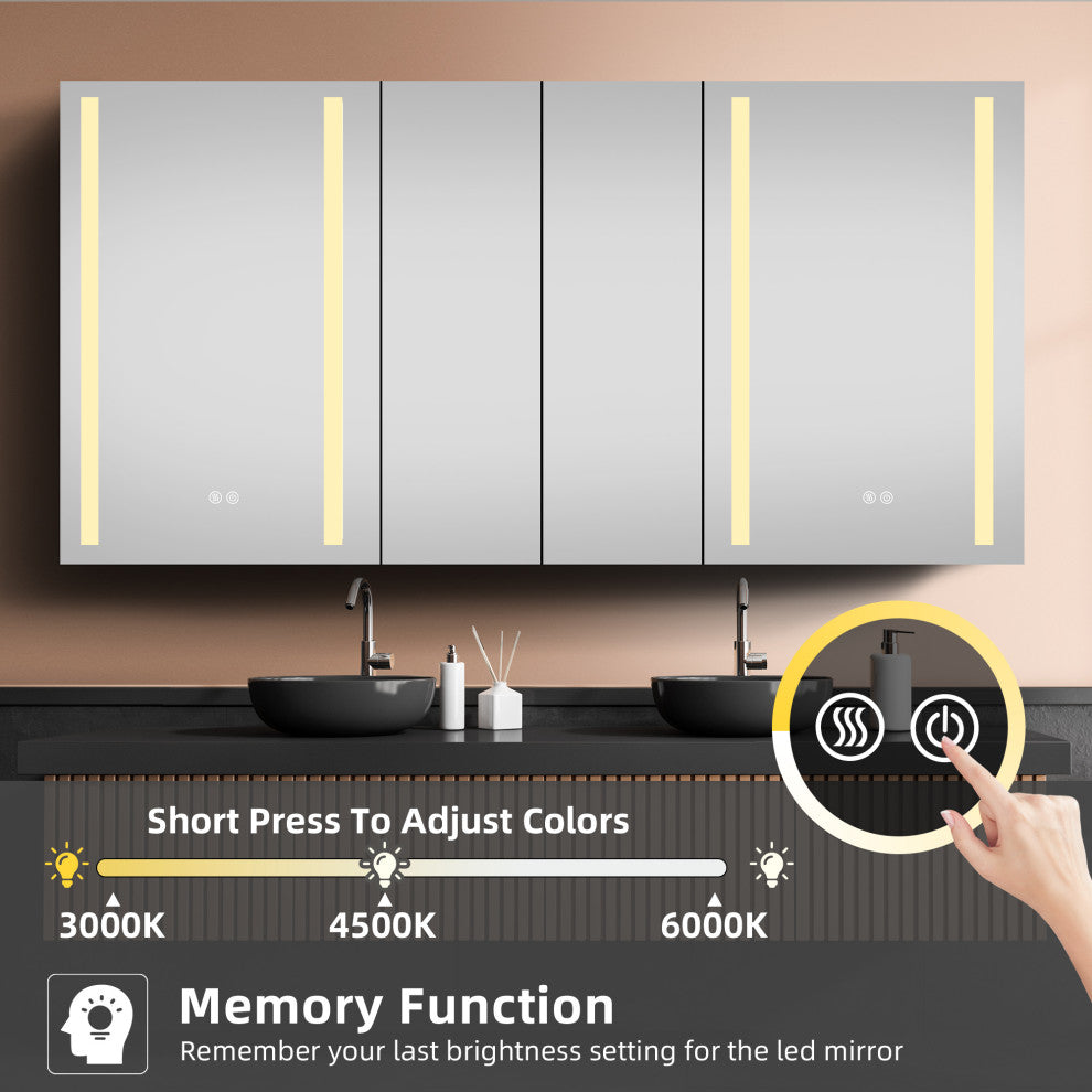 60"x30" Surface Mount Frameless Aluminum LED Medicine Cabinet With Anti-Fogger