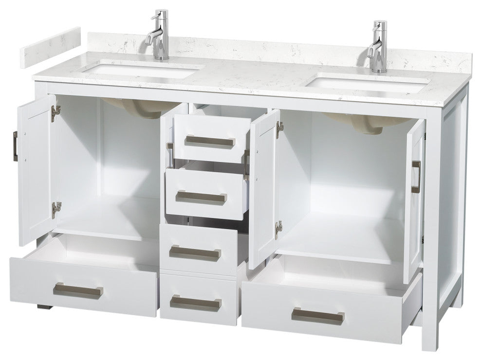 60" Double Bath Vanity, White, Carrara Cultured Marble Countertop, Sinks