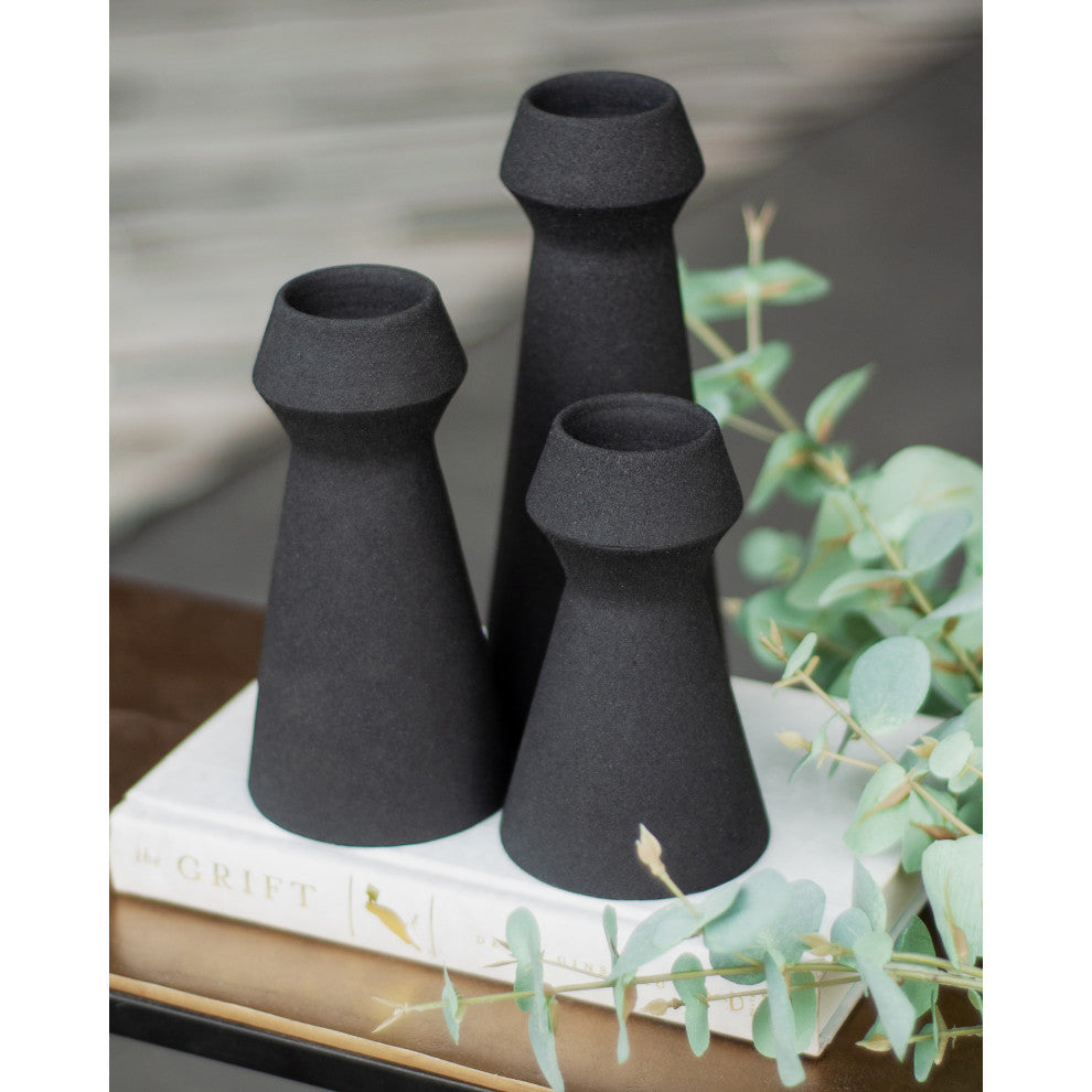 Granfeld Matte Black Textured Decorative Vases, 3-Piece Set