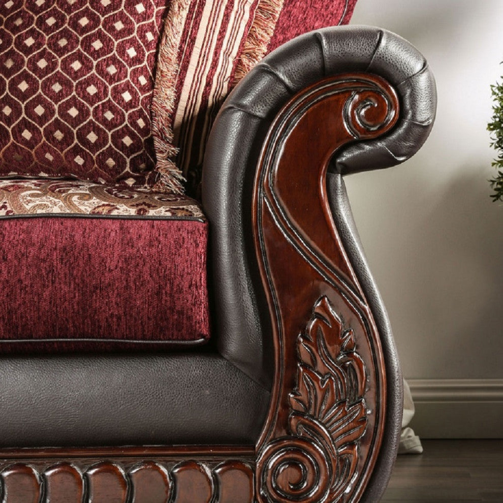 Fabric and Leatherette Love Seat with Rolled Arms Design, Burgundy