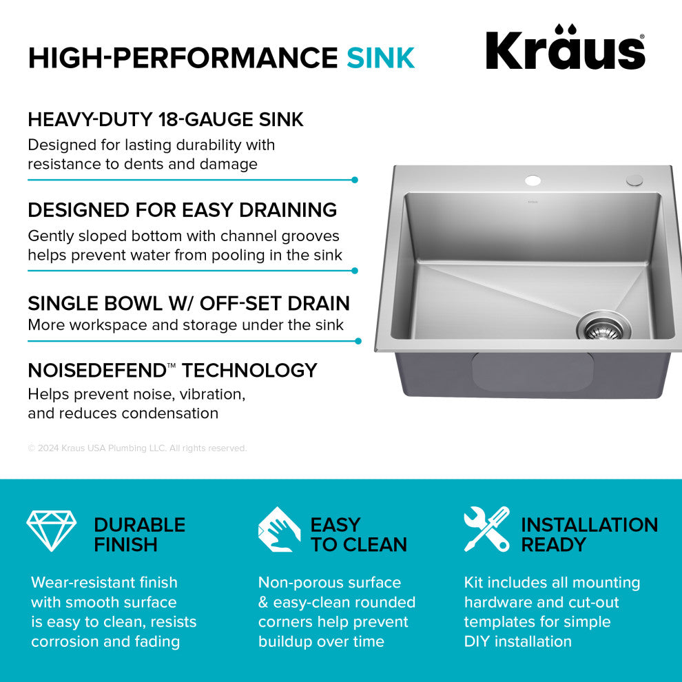 KRAUS Fairlane 25" Drop, / Top Mount 1-Bowl Stainless Steel Kitchen Sink
