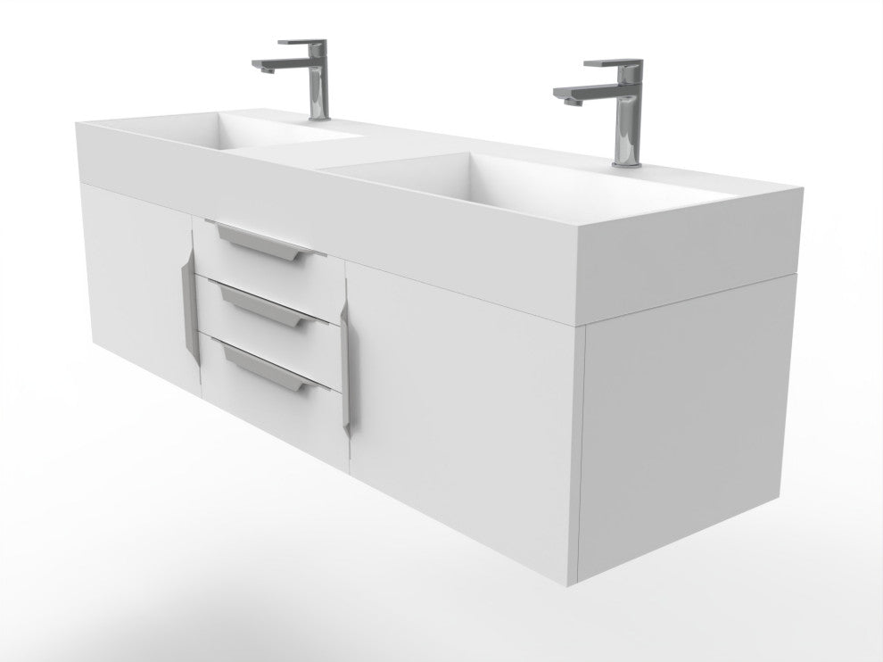 CastelloUSA Amazon 60" Wall Mounted Bathroom Vanity Set, White, White Top, Chrome Handles