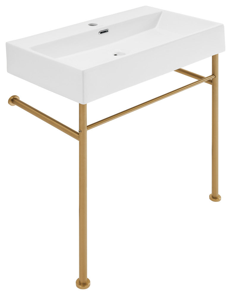 Claire 30" Ceramic Console Sink White Basin Gold Legs, Brushed Gold