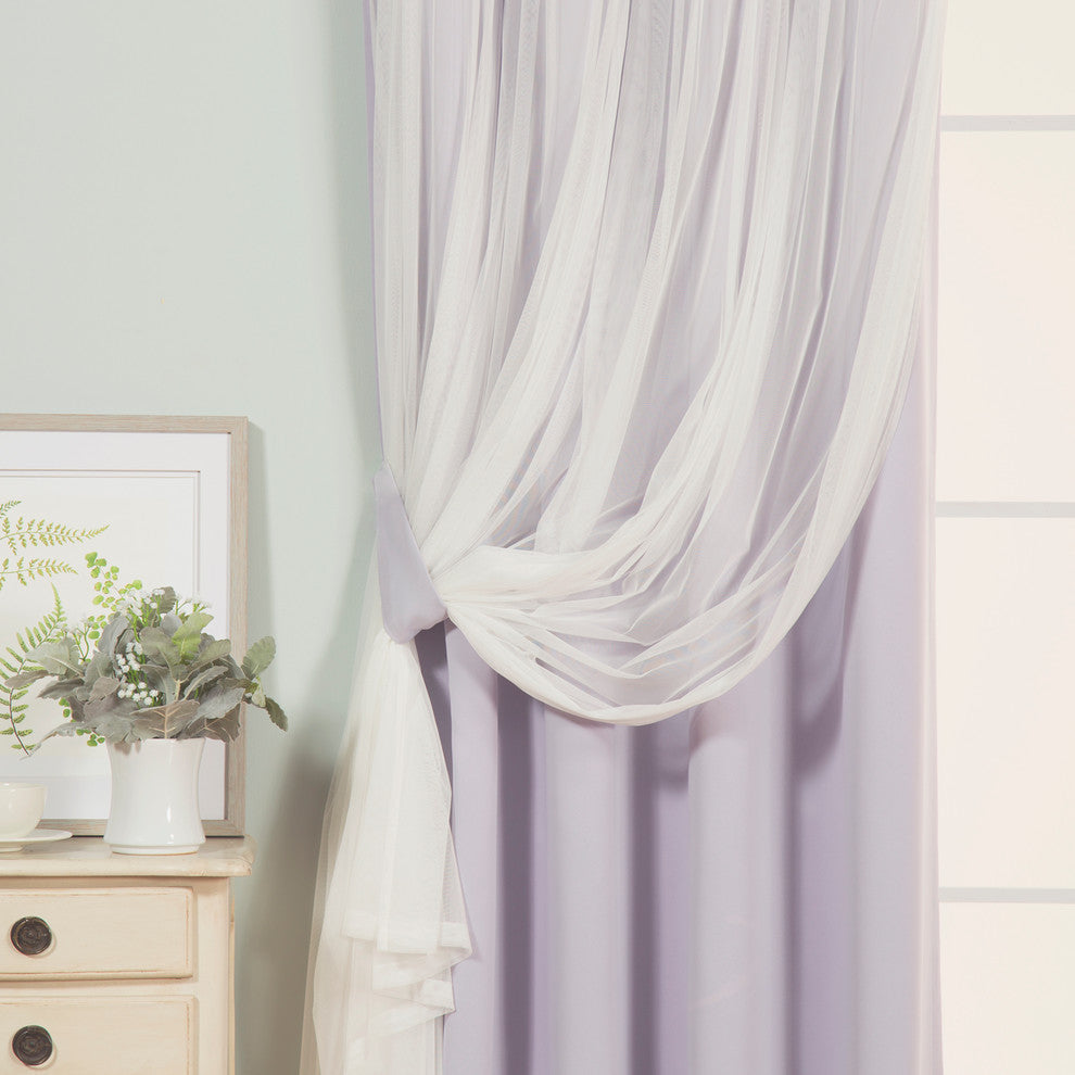 Grommet Blackout Curtains With Tulle Overlay, Lilac, 84"