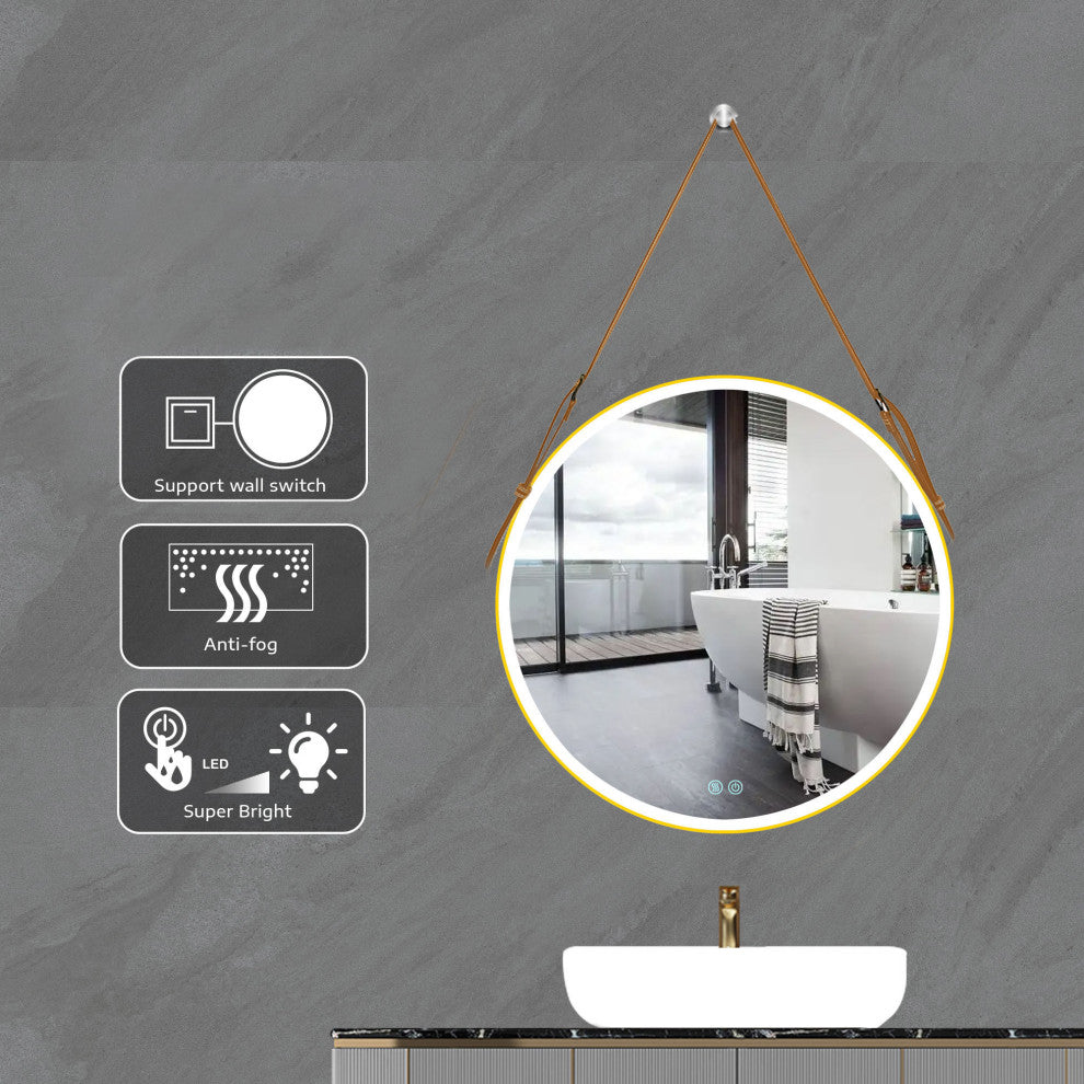 Round Framed Anti-Fog Dimmable Rope Hanging LED Bathroom Vanity Mirror, Godl, 32"32"