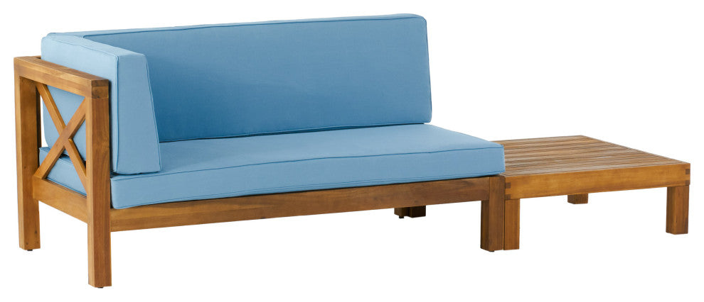 Keith Outdoor Left Arm Loveseat and Coffee Table Set, Blue/Teak