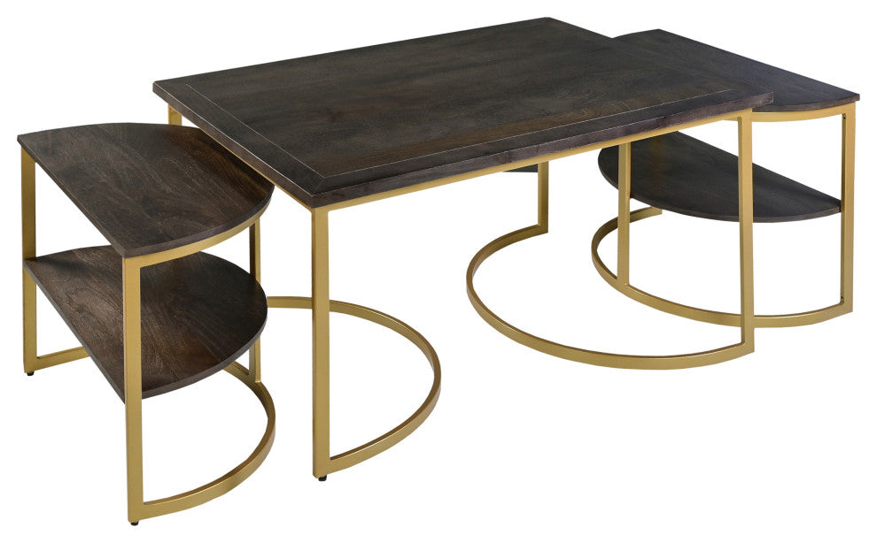 Benzara UPT-271297 Metal Nesting Coffee Table - 3 pcs set, Dark Brown, Gold