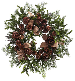 24" Pine & Pine Cone Wreath With Burlap Bows