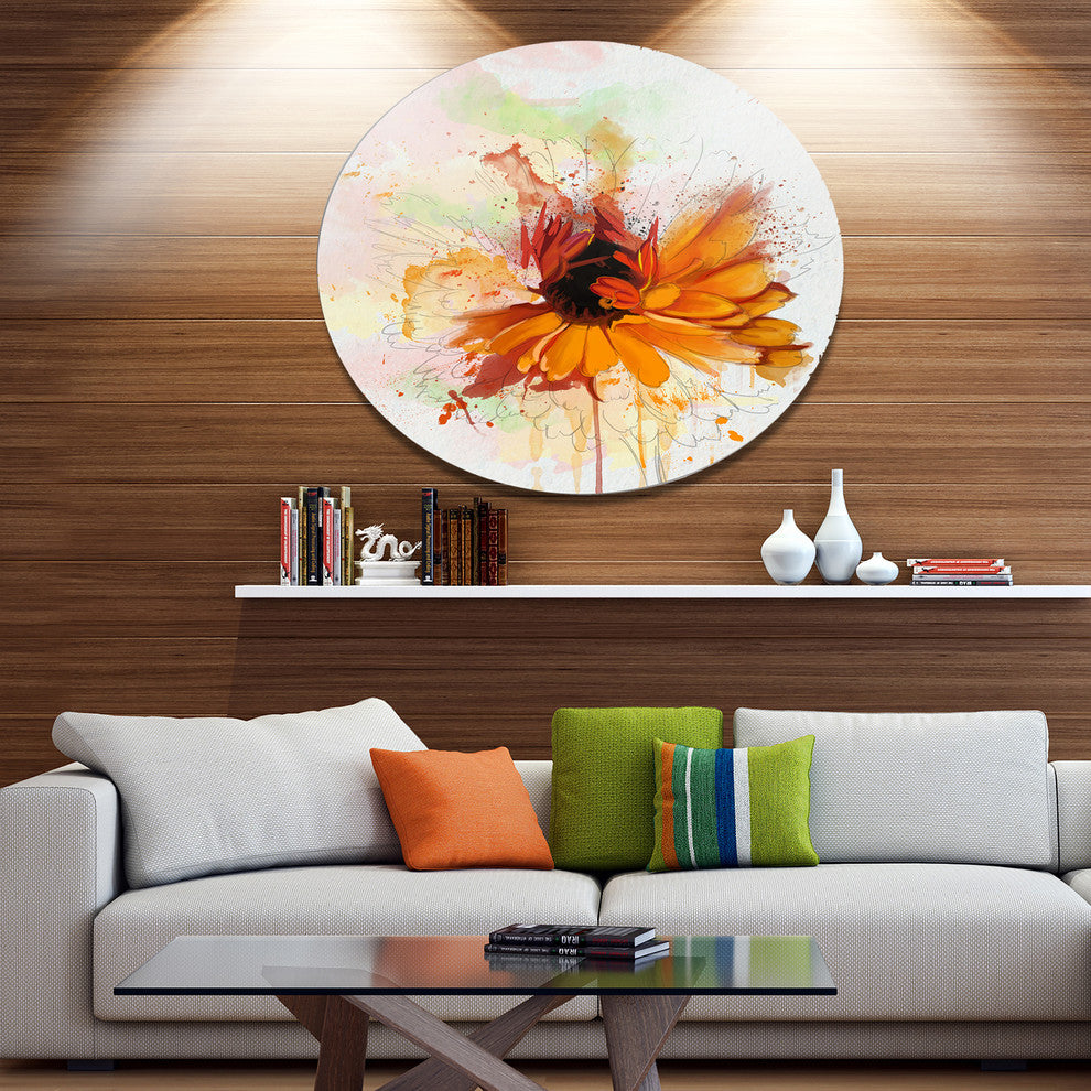Sunflower Drawing With Paint Splashes, Floral Round Metal Wall Art, 11"