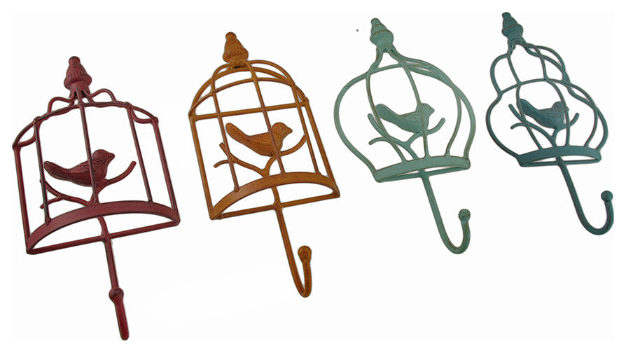 Colorful Set of 4 Birdcage Shaped Decorative Metal Wall Hooks