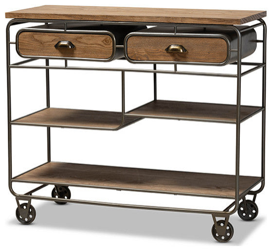 Bouck Rustic Industrial Oak Brown Wood and Black Metal 2-Drawer Kitchen Cart