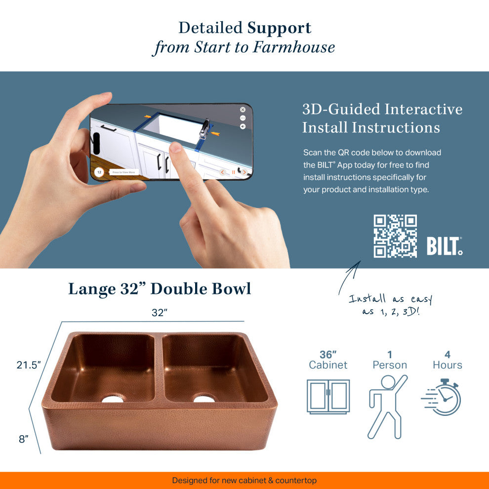 Lange Copper 32" Double Bowl Farmhouse Apron Front Undermount Kitchen Sink