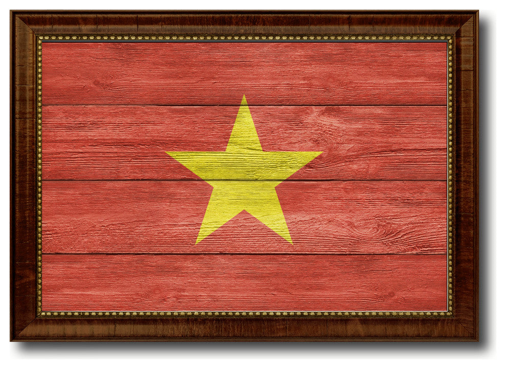 Vietnam Country Textured Flag Print With Brown Gold Frame, 15"X21"