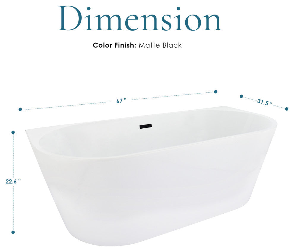 Satchi 67"x32" Flatbottom Freestanding Soaking Bathtub, Matte Black Hardware