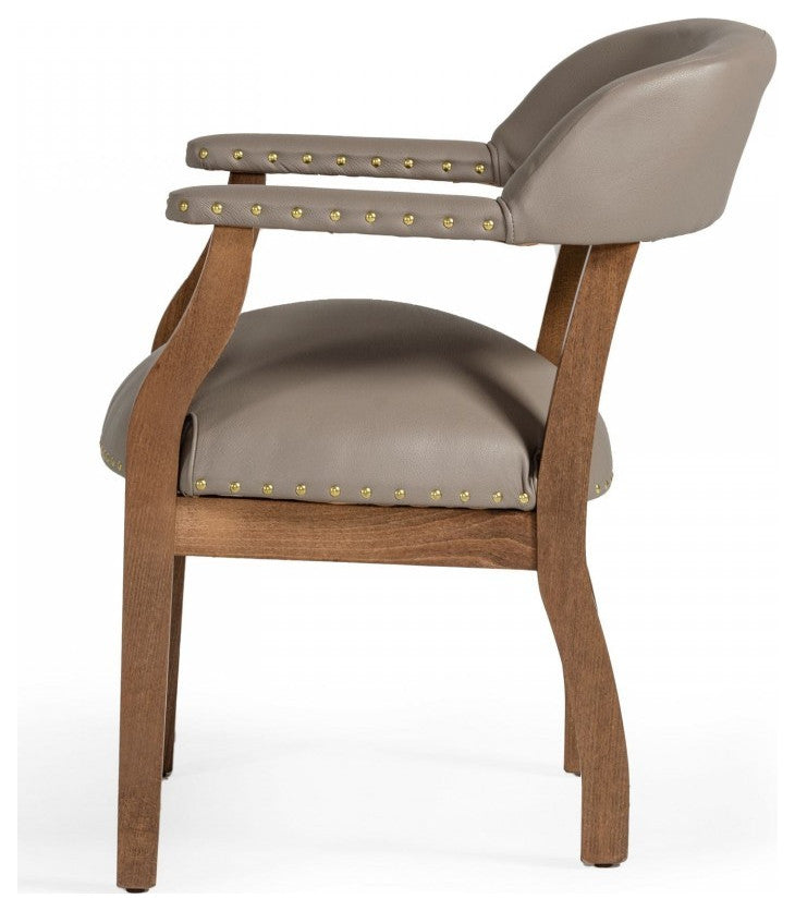 Taupe Nailhead Faux Leather Dining Arm Chair