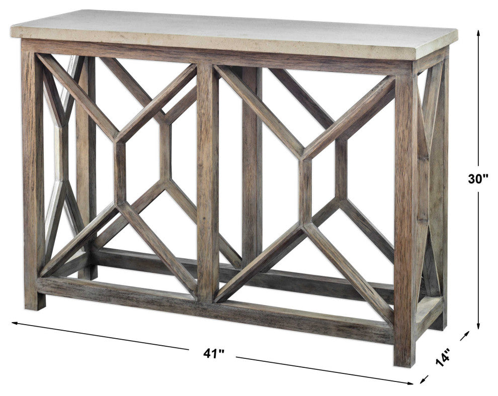 Open Light Weathered Wood Console Table, Stone Top X Natural