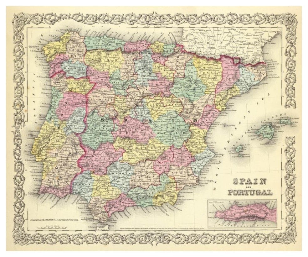 "Spain and Portugal, 1856" Digital Paper Print by G.W. Colton, 38"x32"