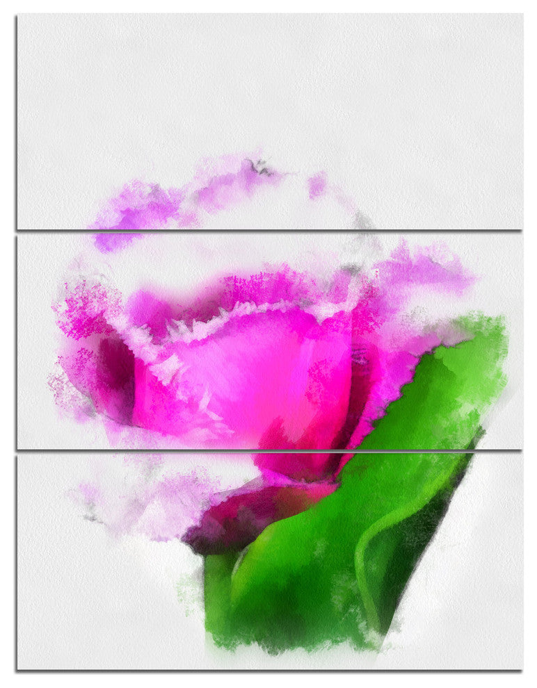 Pink Rose Watercolor with Leaves, Floral Canvas Artwork, 28x36, 3 Panels