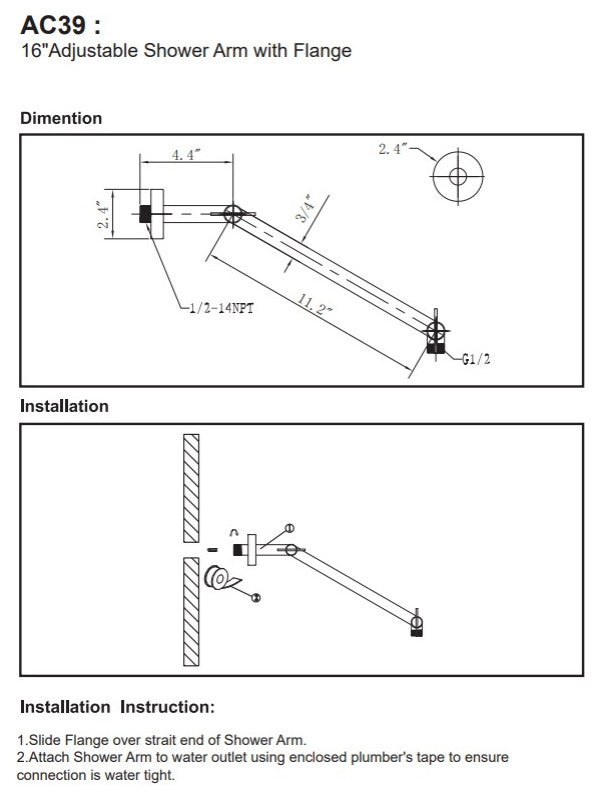 17" Adjustable Rain Shower Arm, Satin Nickel