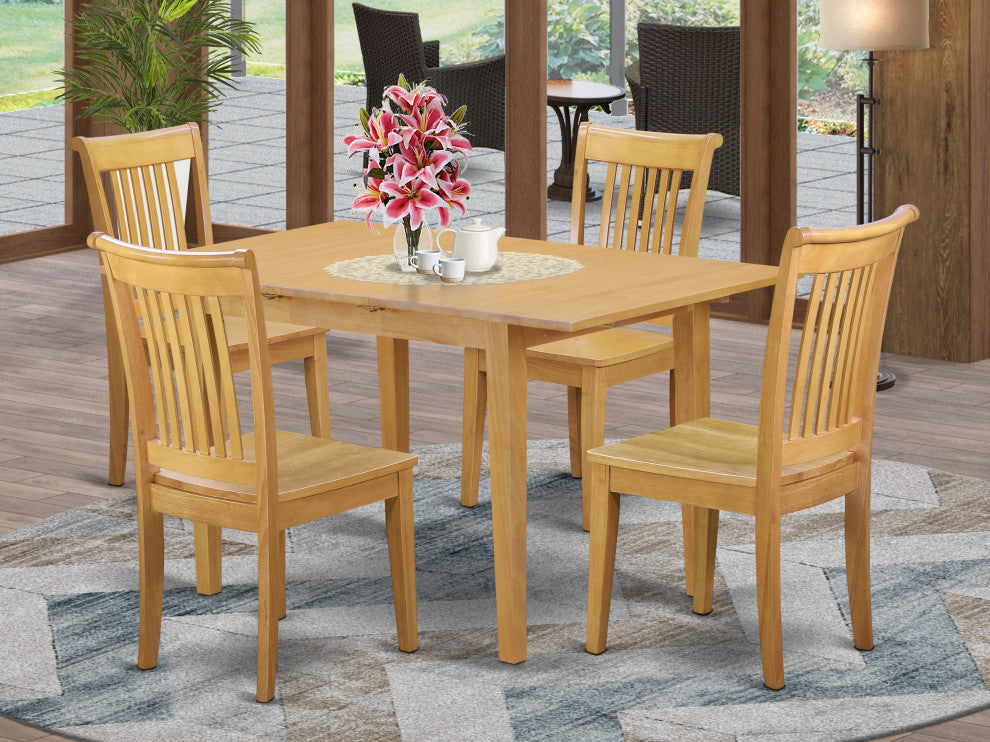 5-Piece Dinette Table Set - Table And 4 Wood Seat Dining Chairs In Oak Finish