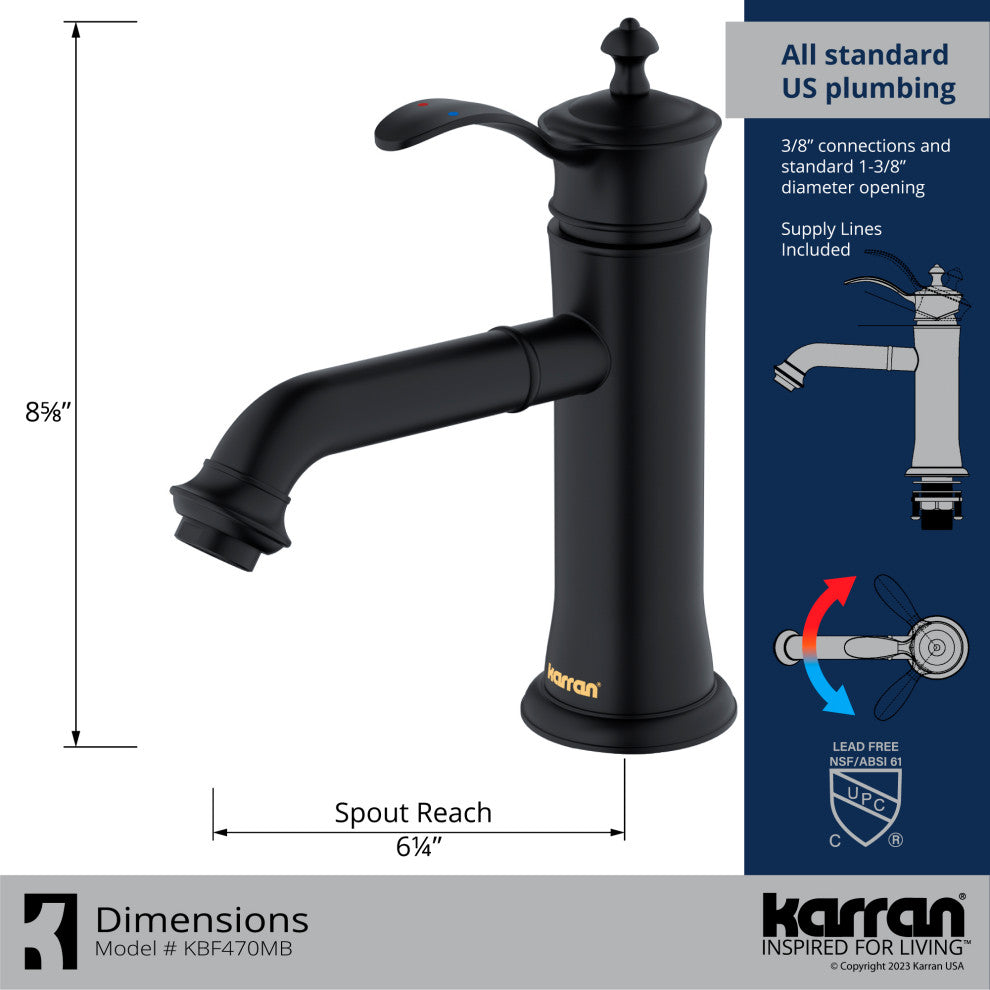 Karran 1-Handle 1-Hole Bathroom Faucet With Pop-up Drain, Matte Black