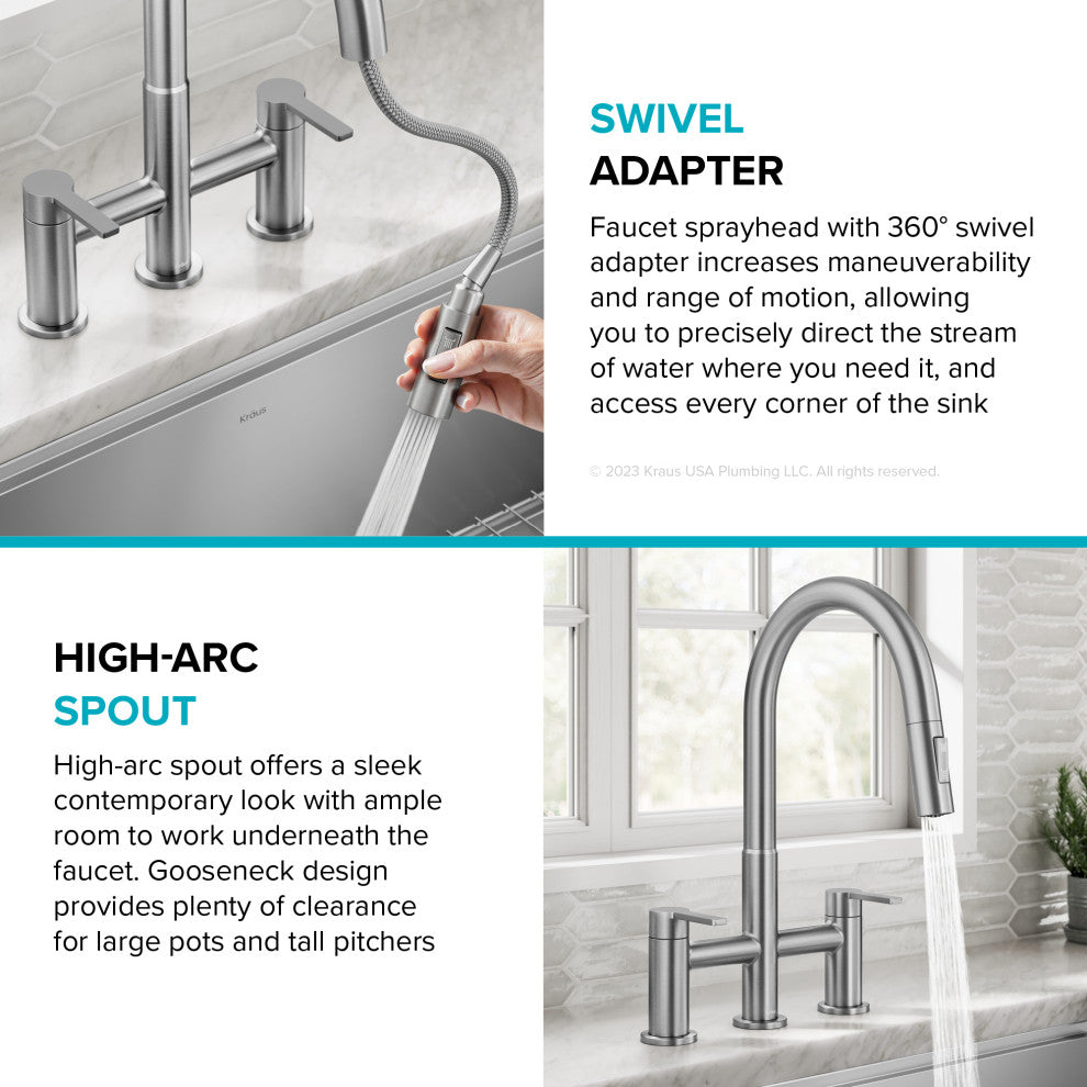 KRAUS Oletto 2-Function Pulldown 3-Hole Bridge Kitchen Faucet, Spot Free ACB