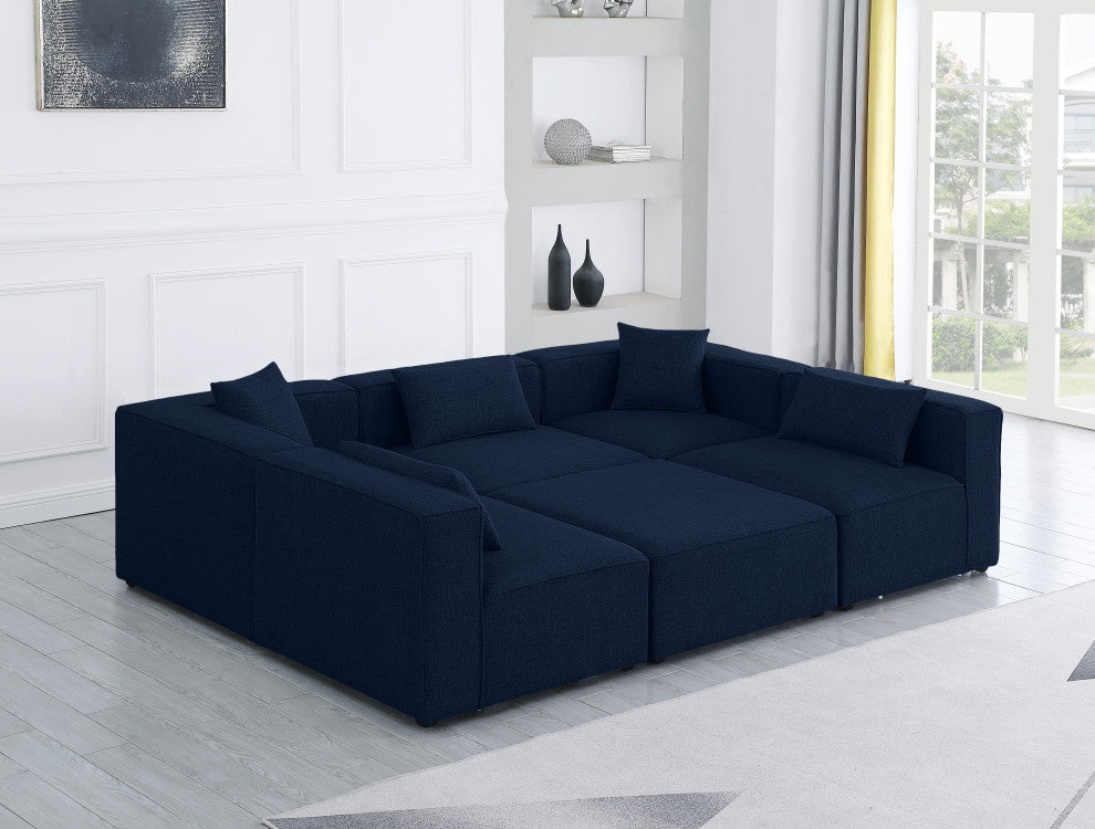 Cube Upholstered Modular Sectional, Navy, 6-Piece: 3 Armless Chair, 2 Corner Chair, 1 Ottoman, Linen Texured Fabric