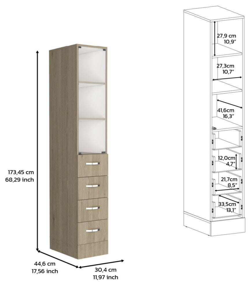 DEPOT E-SHOP Magna Linen Cabinet, Three Shelves, Four Drawers, Light Pine/White