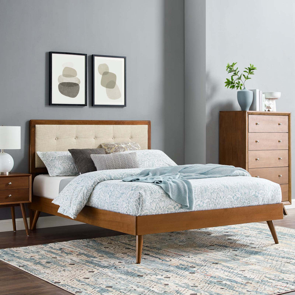 Platform Bed Frame, Queen Size, Fabric, Wood, Brown Walnut Beige, Modern