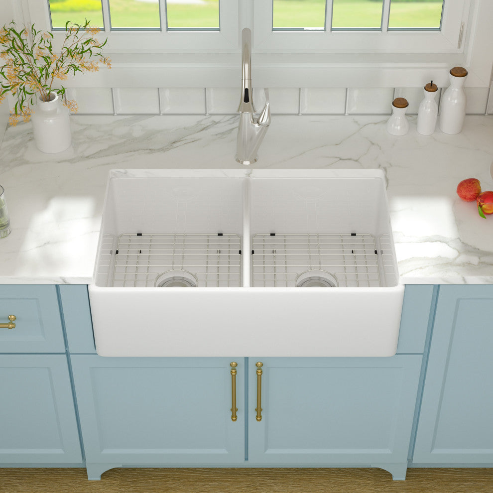 Farmhouse Ceramic Kitchen Sink Double Bowl Apron Front White Basin